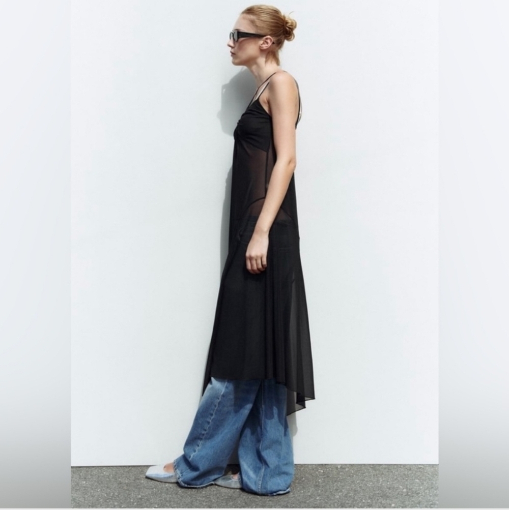 ZARA Tulle Mesh Asymmetrical Slip Dress In Black. Size Medium - Picture 6 of 16